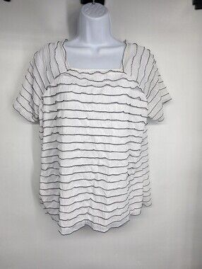 TanJay White Black Tiered Ruffle Lettuce Edge Blouse Size Medium